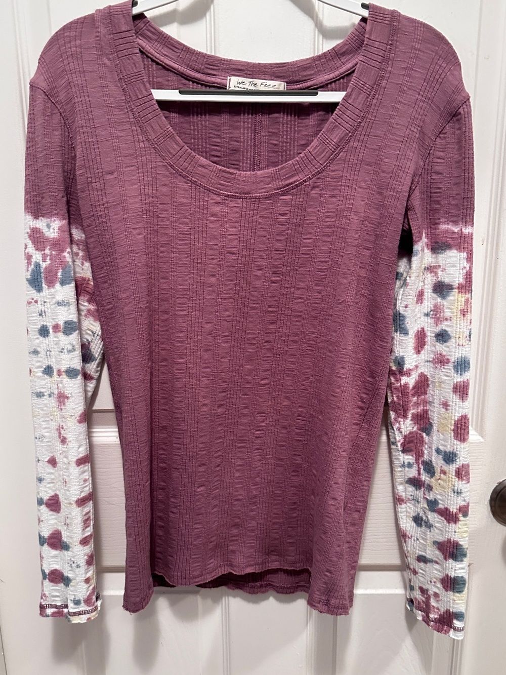 We The Free Mauve Scoop Neck Long Sleeve Top with Printed Sleeves